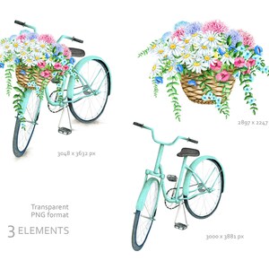 Puede incluir: Una bicicleta azul claro con una cesta llena de flores rosas, blancas y azules. La bicicleta tiene un manillar blanco y neum&aacute;ticos blancos.