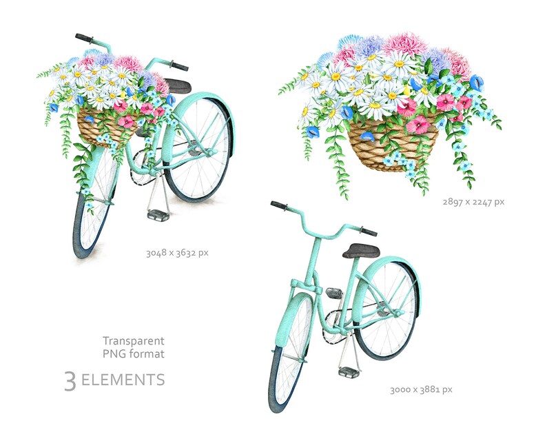 Puede incluir: Una bicicleta azul claro con una cesta llena de flores rosas, blancas y azules. La bicicleta tiene un manillar blanco y neum&aacute;ticos blancos.
