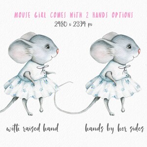 May include: Watercolor illustration of a gray mouse girl wearing a white dress with blue flowers. The mouse girl is shown in two poses: one with her hand raised and the other with her hands by her sides. The image is 2480 x 2394 pixels.