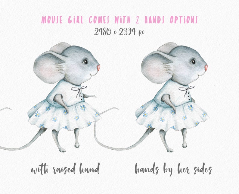 May include: Watercolor illustration of a gray mouse girl wearing a white dress with blue flowers. The mouse girl is shown in two poses: one with her hand raised and the other with her hands by her sides. The image is 2480 x 2394 pixels.