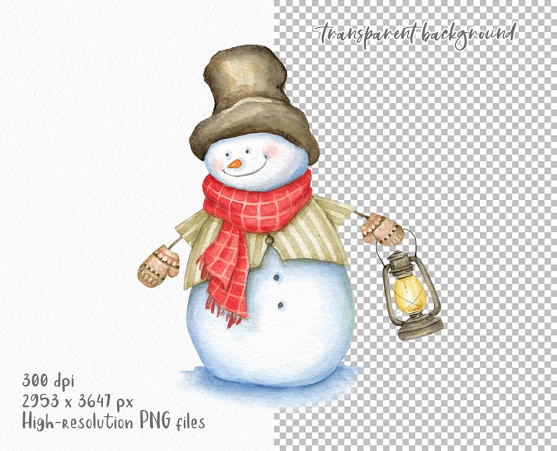 May include: A watercolor illustration of a snowman wearing a brown top hat, a red and white striped scarf, and brown mittens. The snowman is holding a lantern in its right hand.