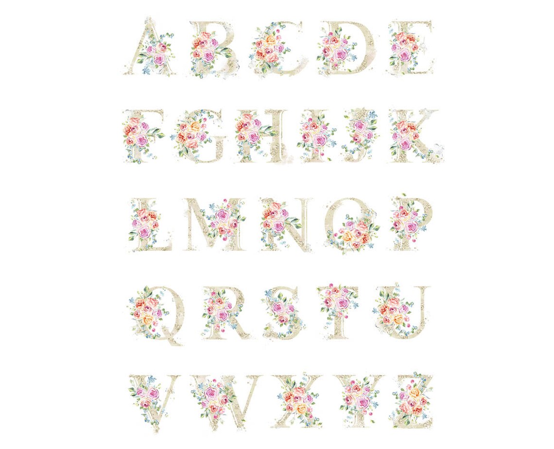 Floral Alphabet Clipart With Watercolor Roses. 26 Gold Letters ...
