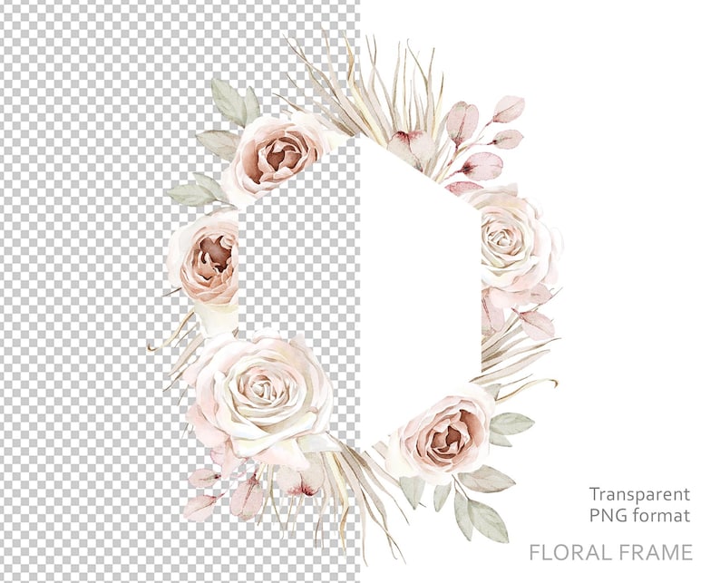 Boho Roses Frame Clipart. Floral Frame. Watercolor Floral Borders ...