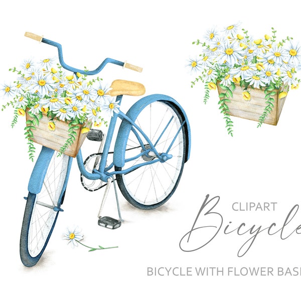 Watercolor Bicycle Clipart Flower Basket White Daisy Chamomile Floral Bouquet Black Bike Wedding Clip Art Digital PNG Commercial Use