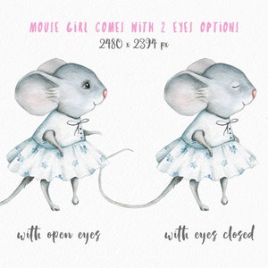 May include: A watercolor illustration of a gray mouse wearing a white dress with blue flowers. The mouse has two different eye expressions: one with open eyes and one with closed eyes. The image is 2480 x 2394 pixels.