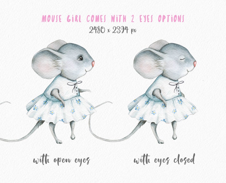 May include: A watercolor illustration of a gray mouse wearing a white dress with blue flowers. The mouse has two different eye expressions: one with open eyes and one with closed eyes. The image is 2480 x 2394 pixels.