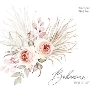 Boho Roses Clipart Acquerello Fiore Floreale Bouquet Rosa Pallido Boho Rosa Fiore Matrimonio Matrimonio Fiori Digitale Clip art PNG