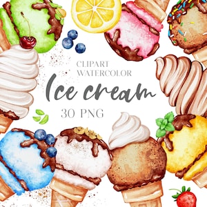 Watercolor Ice Cream Clipart. Summer Sweets Clipart. Waffle Cone Dessert. Yummy treats. Planner or Stickers graphics. Download, PNG