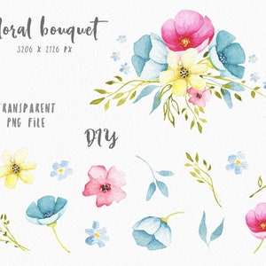 May include: Watercolor floral bouquet clipart set with pink, yellow, and blue flowers, green leaves, and forget-me-nots. DIY floral bouquet clipart.