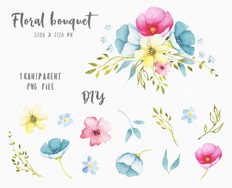 May include: Watercolor floral bouquet clipart set with pink, yellow, and blue flowers, green leaves, and forget-me-nots. DIY floral bouquet clipart.