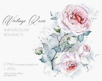 Roses Clipart Vintage Roses Printable Greeting Card Watercolor Flowers Floral Clipart Wedding Digital PNG Instant Download Commercial Use