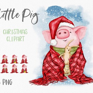 Acuarela Pig Clipart: en Santa Hat & Red Christmas Blanket. Clipart navideño. Bebé Lechón. Lindo cerdito Clipart. Acuarela Animal. Papúa Nueva Guinea