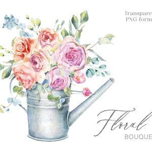 Clipart rose. Aquarelle Roses dans un arrosoir Pot d’arrosage de jardinage avec aquarelle Bouquet de fleurs Arrangement floral Clipart de mariage PNG