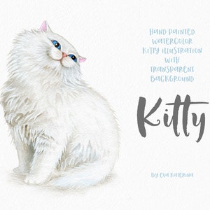 Kitty Cat Clipart Watercolor Cute Kitten White Cat Illustration Kitten Clip Art Animal Clipart Birthday Card Digital PNG Commercial Use