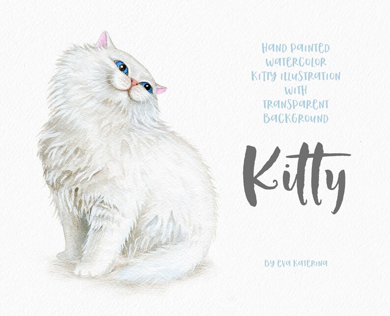 May include: Watercolor illustration of a fluffy white cat with blue eyes and pink ears. The cat is sitting and looking upwards. Text on the image reads "Hand Painted Watercolor Kitty Illustration with Transparent Background" and "Kitty".
