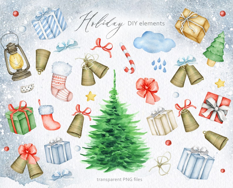 Op de afbeelding: Een set aquarel illustraties met kerstthema, waaronder een kerstboom, cadeaus, bellen, een sok, een lantaarn, een snoepstok, een wolk, regendruppels en een ster. De illustraties zijn in een feestelijke kleurenpalet van rood, groen, blauw en goud. De tekst "Holiday DIY elements" staat in de rechterbovenhoek van de afbeelding. De tekst "transparent PNG files" staat in het midden onderaan de afbeelding.