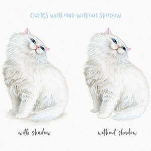May include: Watercolor illustration of a fluffy white cat with blue eyes and pink ears. The image includes two versions: one with a shadow and one without. Text at the top reads "COMES WITH AND WITHOUT SHADOW".