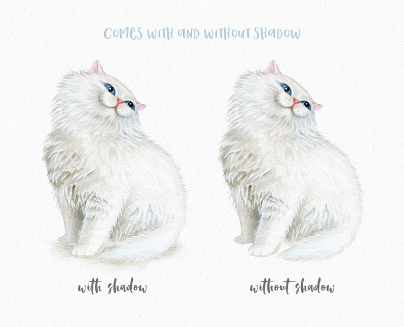 May include: Watercolor illustration of a fluffy white cat with blue eyes and pink ears. The image includes two versions: one with a shadow and one without. Text at the top reads "COMES WITH AND WITHOUT SHADOW".