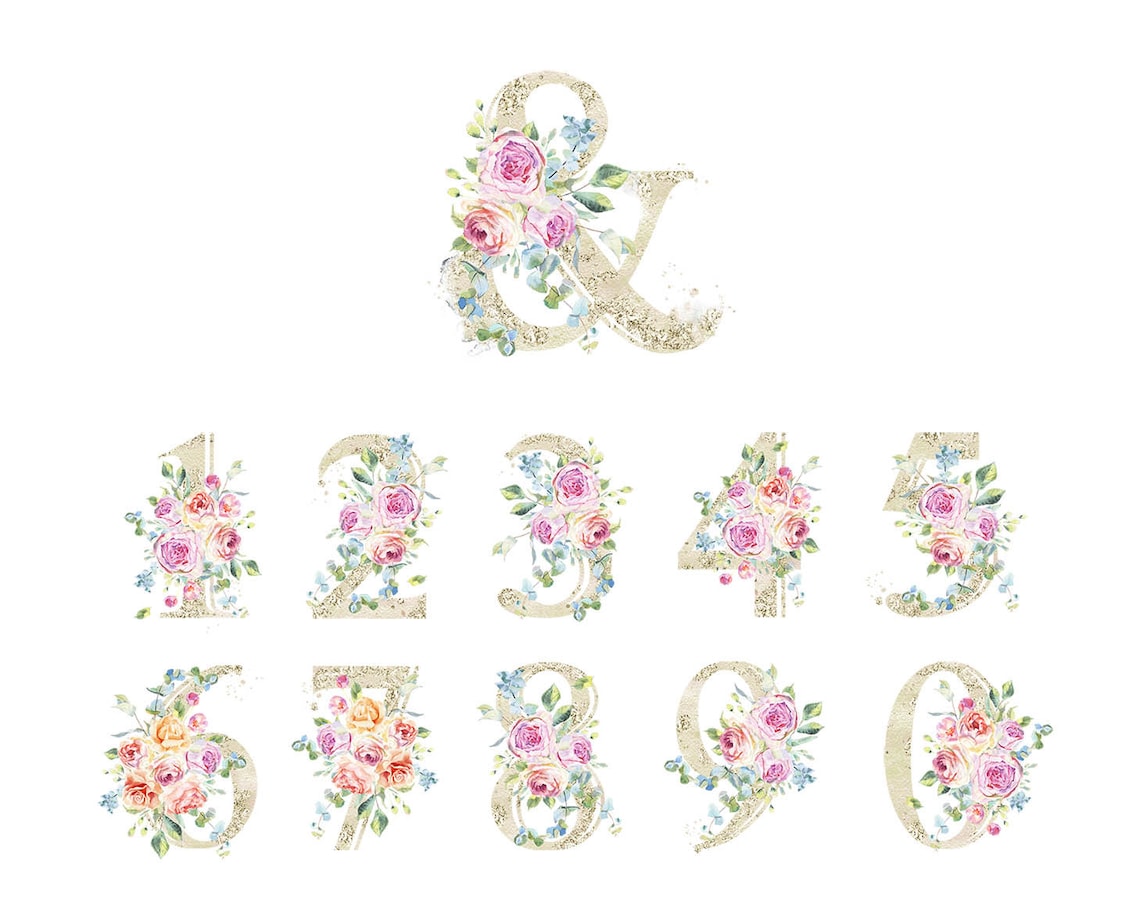 Floral Alphabet Clipart With Watercolor Roses. 26 Gold Letters ...