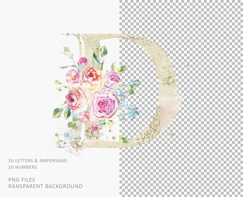 Floral Alphabet Clipart With Watercolor Roses. 26 Gold Letters ...