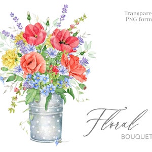 Fleurs Clipart Aquarelle Bouquet floral Prairie Fleurs Vase de fleurs Arrangement floral Fleurs d’été Lavande Coquelicot Tulip PNG