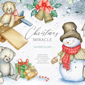 Op de afbeelding: Waterverfillustratie van een kerstsc&egrave;ne met een sneeuwpop, twee teddyberen, een speelgoedvliegtuig, cadeaus en een vogelhuisje. De tekst "Christmas Miracle Watercolors" staat in de afbeelding.