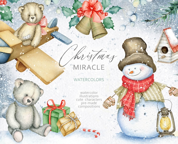 Watercolor Christmas Clipart Set Teddy Bear Clip art Bunny Snowman Vintage Toys Illustration Floral Arrangement Greeting Card Wreaths PNG