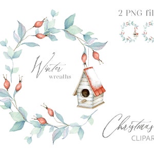 Clipart de Natal em aquarela - guirlanda floral com bagas de Birdhouse e Rosehip. Clipart floral de Natal. Clipart de inverno. PNG digital