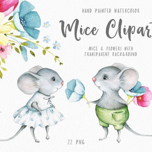 Little Mouse Clipart Mignon Animal Clipart Bébé Souris Illustration Aquarelle Fleur Souris Clip Art Bébé Fille Bébé Garçon Crèche PNG Commercial