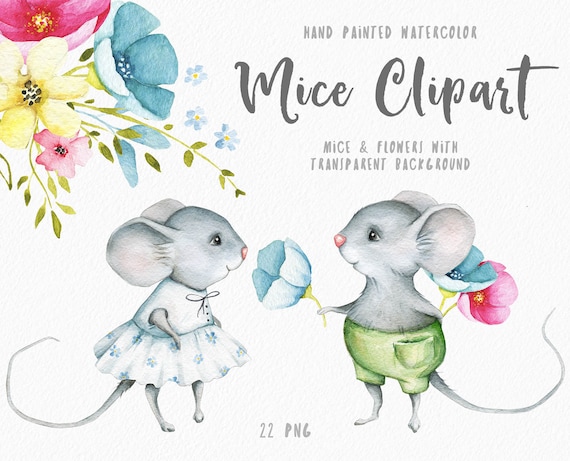 Little Mouse Clipart Cute Animal Clipart Baby Mouse Illustration Watercolor Flower Mice Clip Art Baby Girl Baby Boy Nursery PNG Commercial