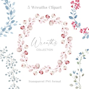 Clipart de couronne. Couronnes florales à l’aquarelle. Cadre floral Couronne délicate. Arrangement floral Eucalyptus Branche Mariage Invitation Numérique PNG