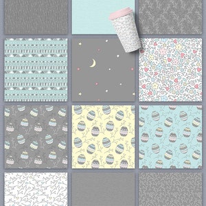 K&ouml;nnte beinhalten: Ein Set mit 16 digitalen nahtlosen Mustern mit verschiedenen Designs, darunter Sterne, Monde, Blumen, Herzen und geometrische Formen. Die Muster sind in Pastellfarben auf grauem Hintergrund gehalten. Die Muster eignen sich perfekt f&uuml;r die Erstellung digitaler oder gedruckter Projekte.