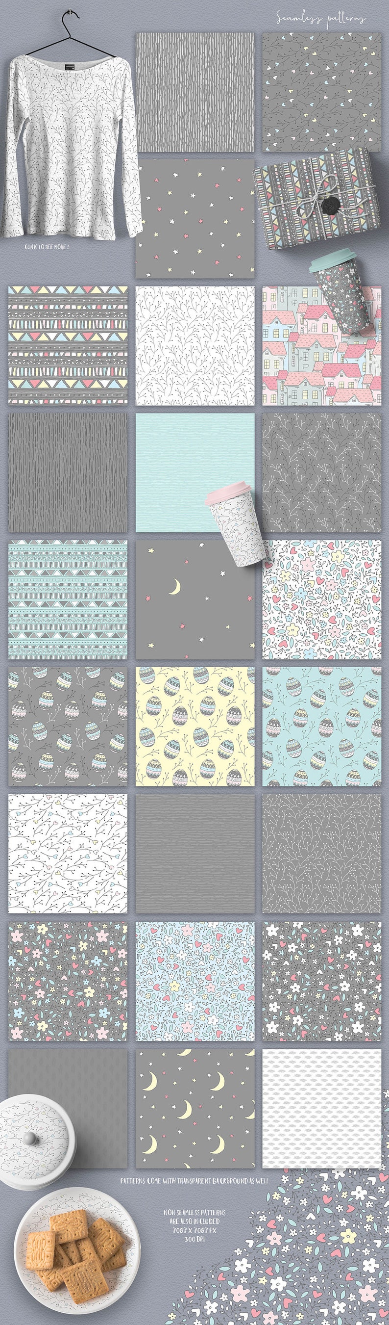 K&ouml;nnte beinhalten: Ein Set mit 16 digitalen nahtlosen Mustern mit verschiedenen Designs, darunter Sterne, Monde, Blumen, Herzen und geometrische Formen. Die Muster sind in Pastellfarben auf grauem Hintergrund gehalten. Die Muster eignen sich perfekt f&uuml;r die Erstellung digitaler oder gedruckter Projekte.
