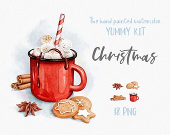 Hot Chocolate Red Mug Clipart. Watercolor Christmas Clipart. Gingerbread, marshmallow, star anise and cinnamon. PNG xmas clipart. Digital