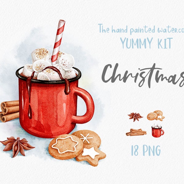 Hot Chocolate Red Mug Clipart. Watercolor Christmas Clipart. Gingerbread, marshmallow, star anise and cinnamon. PNG xmas clipart. Digital