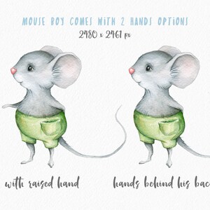 May include: Watercolor illustration of a gray mouse wearing green shorts with a pocket. The mouse is shown in two poses: one with a raised hand and one with hands behind its back. The image is 2480 x 2461 pixels.