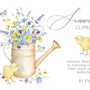 Fleurs Clipart - Aquarelle Prairie Fleurs dans un arrosoir avec un petit poussin et papillons Bouquet floral Bouquet de fleurs d’été PNG