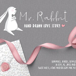 Könnte beinhalten: Eine handgezeichnete Illustration eines weißen Kaninchens mit Fliege. Die Illustration ist Teil eines Sets mit Grafiken, Karten und nahtlosen Mustern für ein Liebesgeschichten-Thema. Der Text "Mr. Rabbit Hand Drawn Love Story" ist im Bild enthalten.