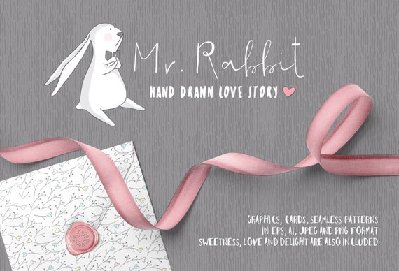 Cute Bunny Clipart Set. Easter Rabbit. Valentines Day Clipart. Seamless patterns, floral arrangements, wreaths, bouquets PNG