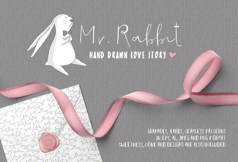 Cute Bunny Clipart Set. Easter Rabbit. Valentines Day Clipart. Seamless patterns, floral arrangements, wreaths, bouquets PNG