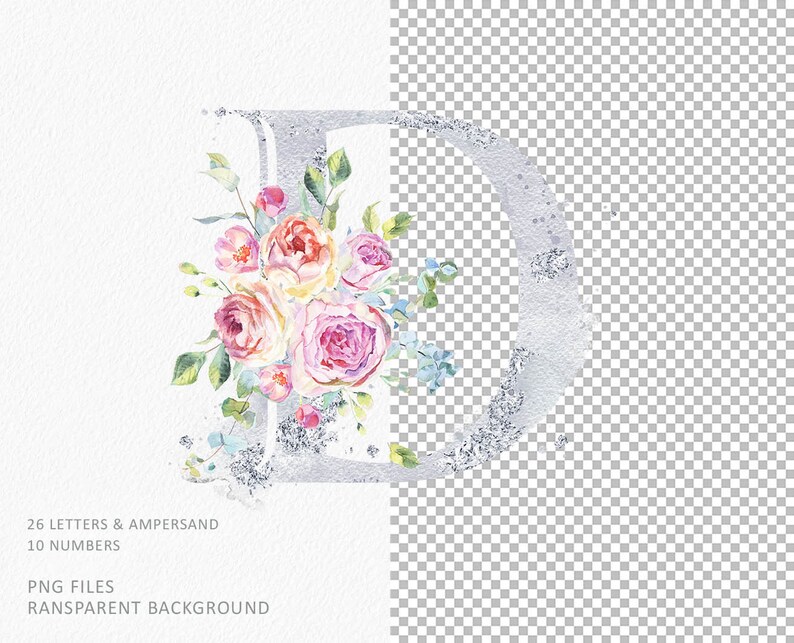 Floral Alphabet Clipart With Watercolor Roses. 26 Silver Letters ...