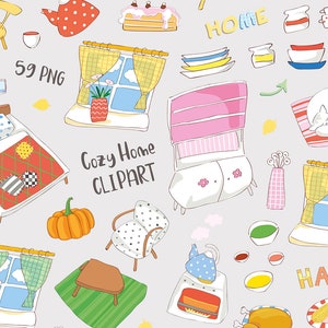 Peut inclure: Un ensemble de 59 images clipart numériques colorées sur le thème d'une maison confortable. Les images comprennent un lit, une fenêtre, une chaise, une citrouille, une théière, une cuisinière, un chat, une table, une étagère et plus encore. Le texte "Cozy Home CLIPART" est inclus dans l'image.