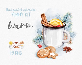 Christmas Mug Clipart. Watercolor Mulled Wine Clipart. Gingerbread, spiced wine, star anise and cinnamon. PNG xmas clipart. Digital