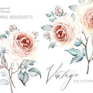 Watercolor Roses Clipart Watercolor Vintage Rose Bouquet Floral Arrangement Floral Pattern Pale Pink Rose Dusty Pink Rose PNG Digital