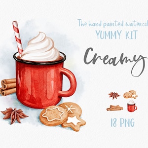 Hot Chocolate Whipped Cream Red Mug Clipart. Watercolor Christmas Clipart. Gingerbread, cream, star anise and cinnamon. PNG. Digital