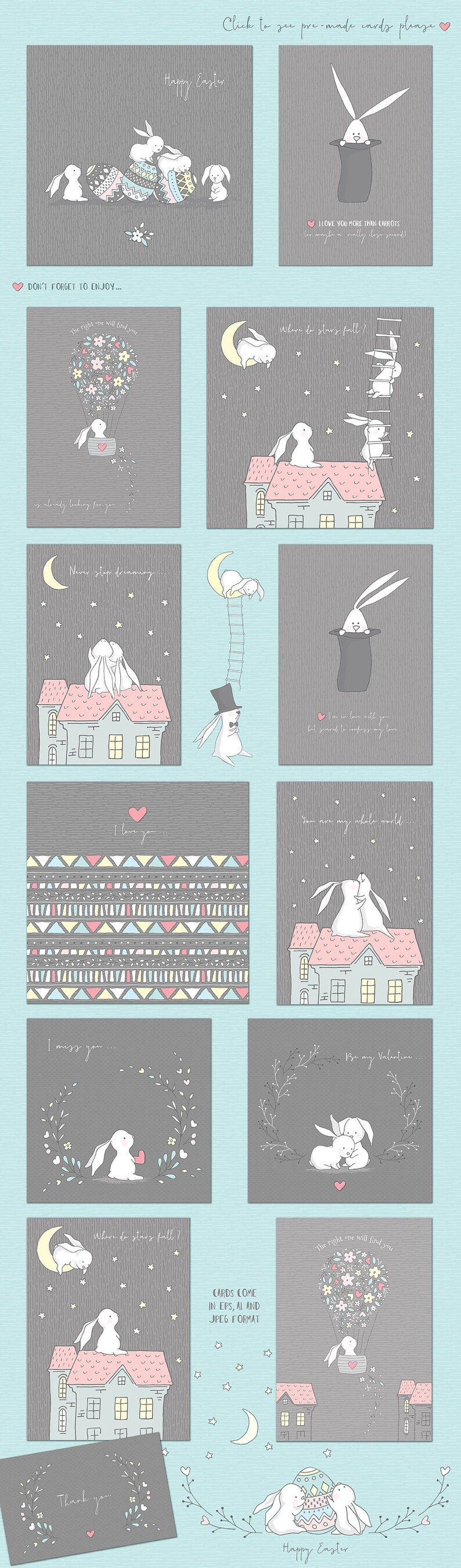 K&ouml;nnte beinhalten: Ein Set mit 10 druckbaren Gru&szlig;karten mit niedlichen Hasenillustrationen und verschiedenen Botschaften, darunter "Frohe Ostern", "Ich liebe dich mehr als Karotten", "Wo fallen die Sterne?", "H&ouml;r niemals auf zu tr&auml;umen", "Ich liebe dich", "Du fehlst mir", "Du bist meine ganze Welt", "Sei mein Valentinstag", "Der Richtige wird dich finden", und "Danke".