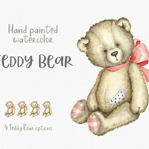 Imágenes prediseñadas de acuarela de oso de peluche. Juguete de osito de peluche vintage. Imágenes prediseñadas de juguete de Navidad de acuarela. Imágenes prediseñadas de baby shower. Digital. PNG