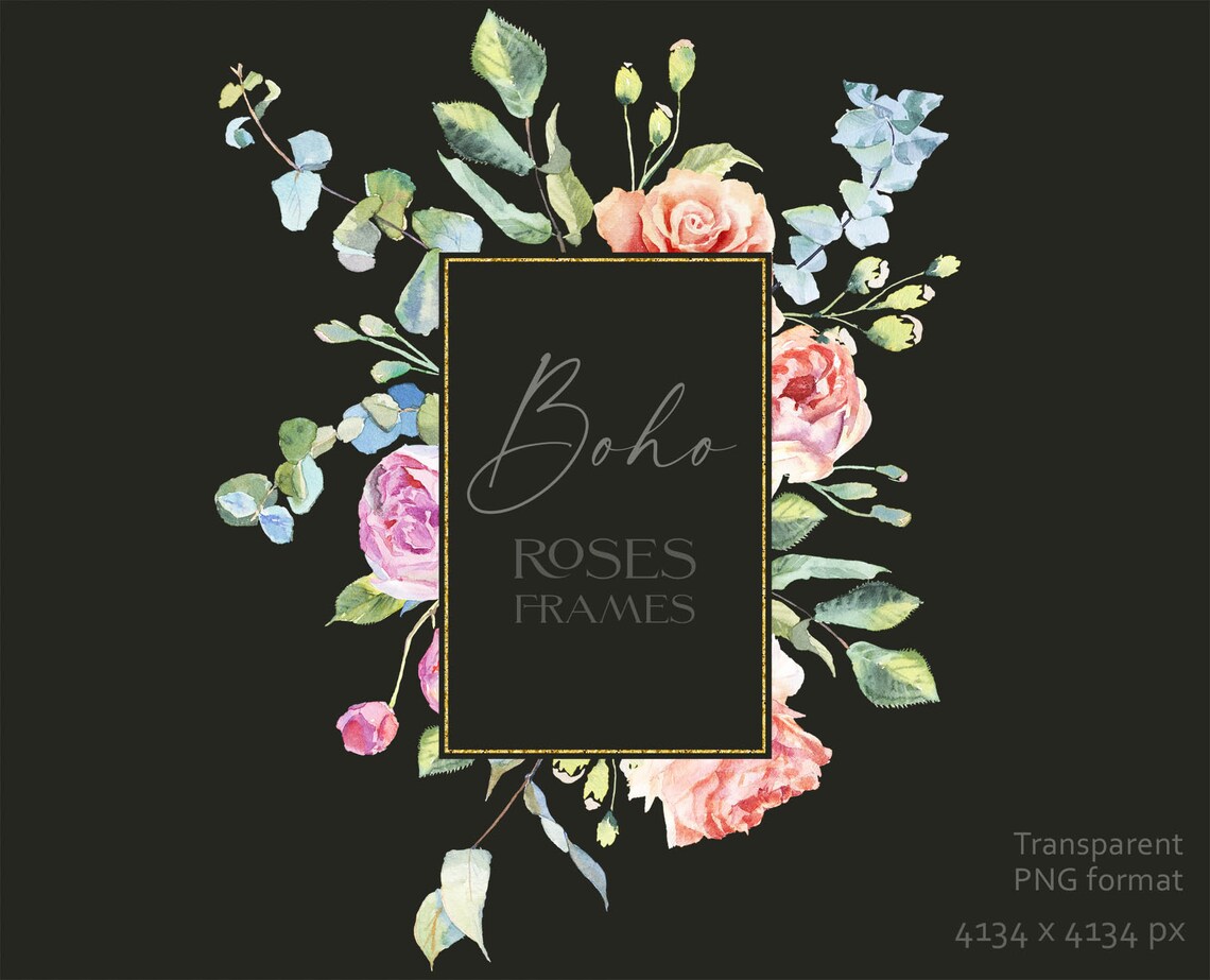Boho Roses Frame Clipart. Floral Frame. Watercolor Floral Borders ...