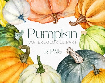 May include: Watercolor clipart of 12 pumpkins in various colors and shapes, including orange, green, white, and blue. The pumpkins are arranged in a circle around the text "Pumpkin Watercolor Clipart 12 PNG".