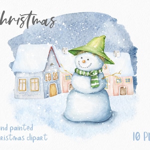 クリスマス クリップアート。水彩雪だるまクリップアート。冬の風景イラスト。雪の背景。ホリデー クリップアート。デジタル クリスマス カード。PNG